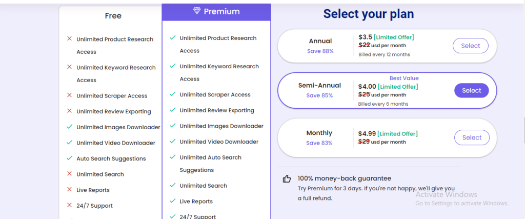 Pricing plan of EcomStal Amazon keyword research tool